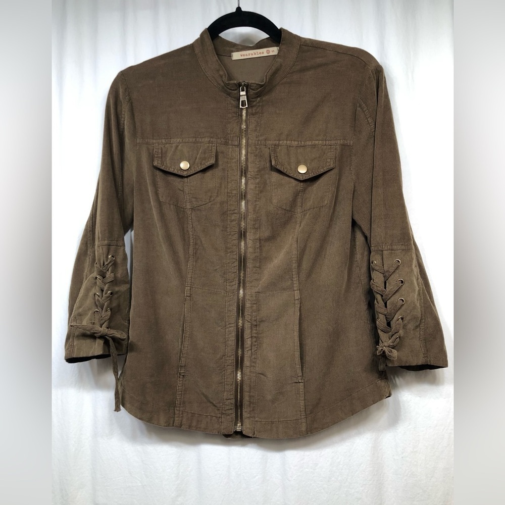 Wearables XCVI Brown Corduroy Fill Zip Lace Up 3/4 Sleeves Pockets Size Small